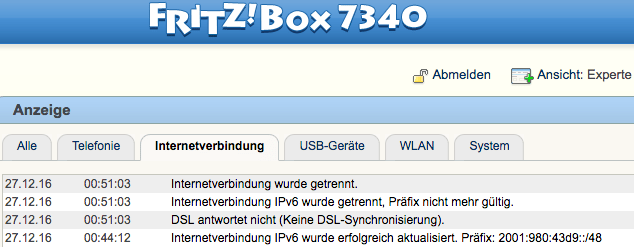 My old trusty Fritz!Box 7340 showing ADSL got disconnected for good on 20161217