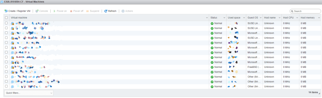 ESXi VMs after editing /etc/vmware/hostd/vmInventory.xml to correct vmfs UUIDs and paths.