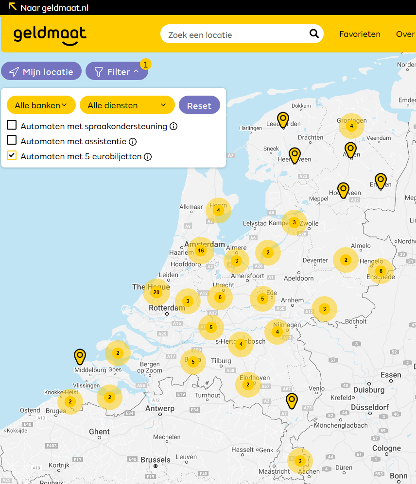Geldmaat automaten die EUR 5 biljetten kunnen aanbieden