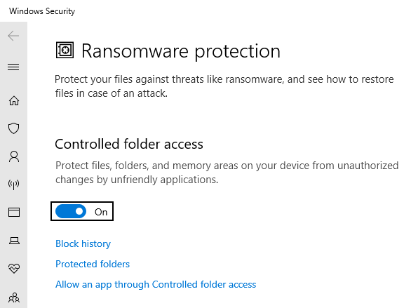 Windows 10 Settings: Controled Folder Access