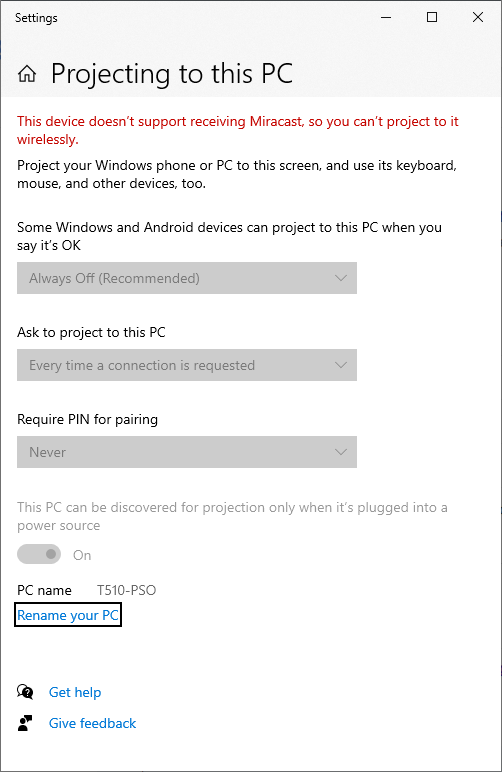 This device doesn't support receiving Miracast, so you can't project to it wirelessly