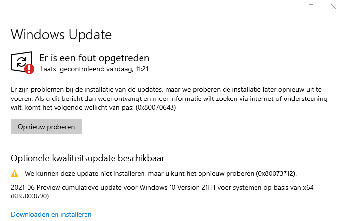 Windows update errors 0x80070643 and 0x80073712