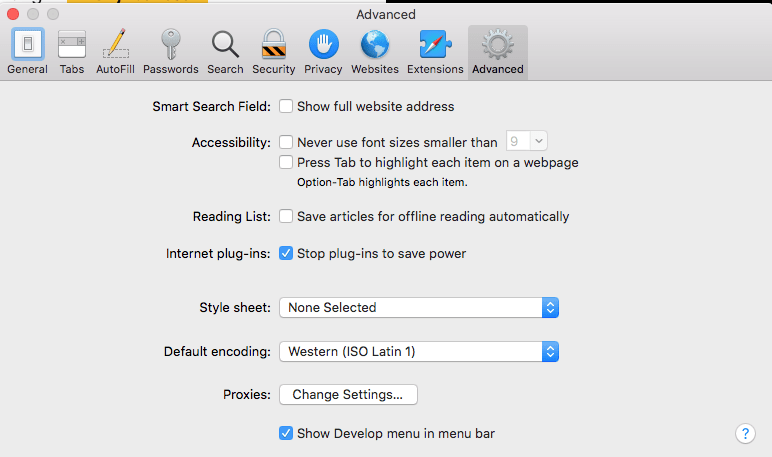 MacOS - Safari - Show Develop menu in menu bar