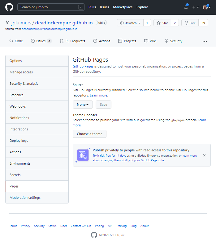 DeadLockEmpire Settings tab, Pages configuration None