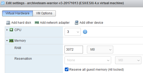 Edit settings - archiveteam-warrior-v3-20171013 (ESX/ESXi 4.x virtual machine) - Reserve all guest memory