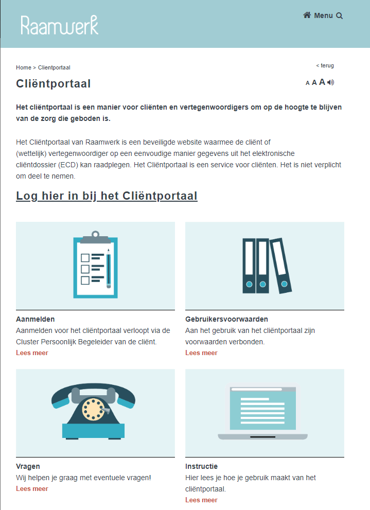 Clientportaal page responsive layout at less than 720 pixels