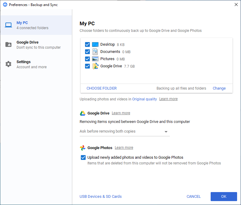 Google Backup and Sync - preferences - My PC