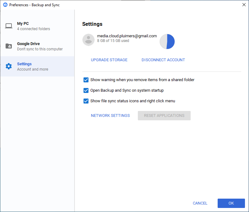 Google Backup and Sync - preferences - Settings