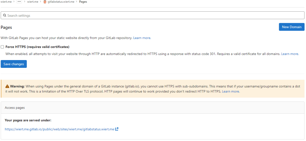"New Domain" button in the "Pages" settings.