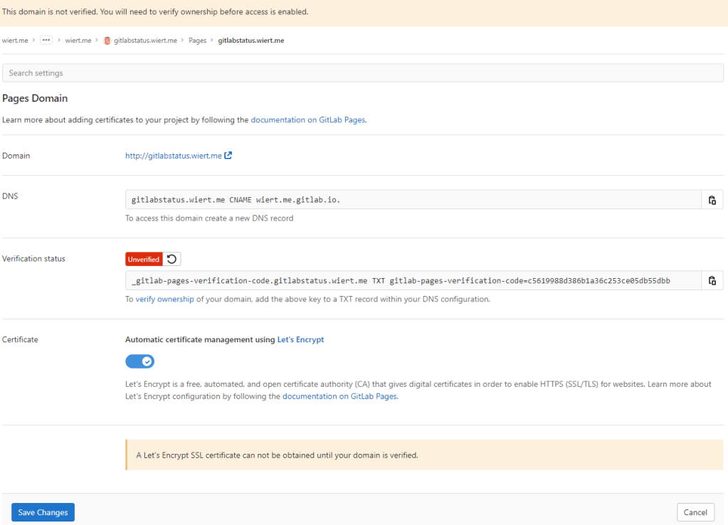 Correct instructions for the DNS records to get gitlabstatus.wiert.me working