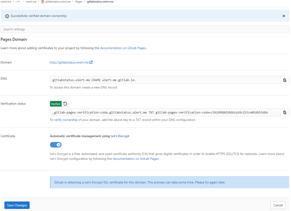 After the gitlabstatus.wiert DNS TXT record got verified, I could save the domain information