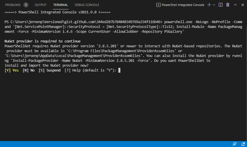 PowerShell Terminal - NuGet provider is required to continue