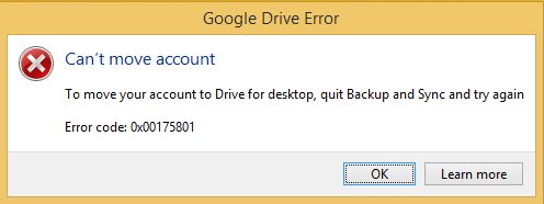 Can't Move account: To move your account to Drive for desktop, quit Backup and Sync and try again