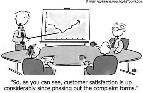 Meeting Cartoon # 512 - So, as you can see, customer satisfaction is up considerably since phasing out the complaint forms.