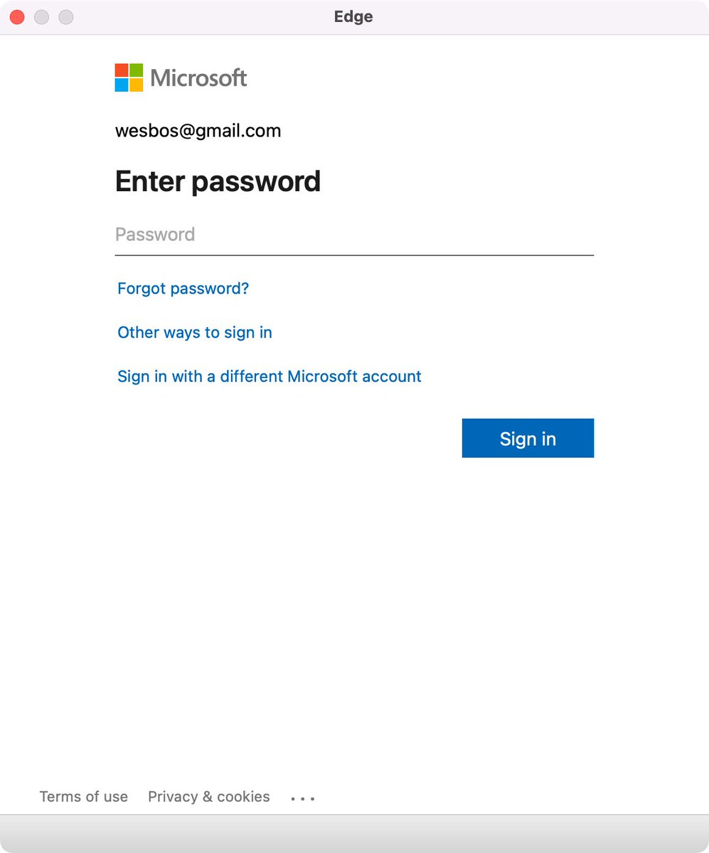 Edge browser Window without address bar of a Microsoft logon page for wesbos@gmail.com not indicating what the logon is for.