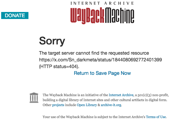 Wayback Machine cannot archive tweets: returning 404 page not found