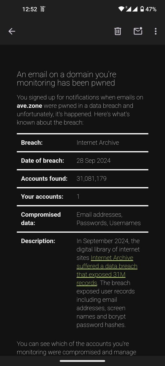 HaveIBeenPwnd confirmation by ave