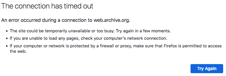 Wayback Machine page cannot load due to time-out.