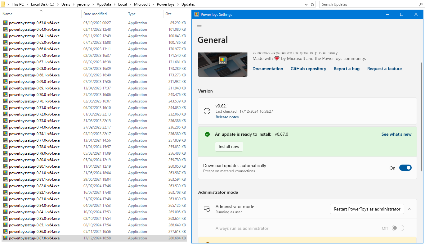 7 gigabytes of PowerToys updates of which the notifications didn't reach me: not fixed in v0.62.1