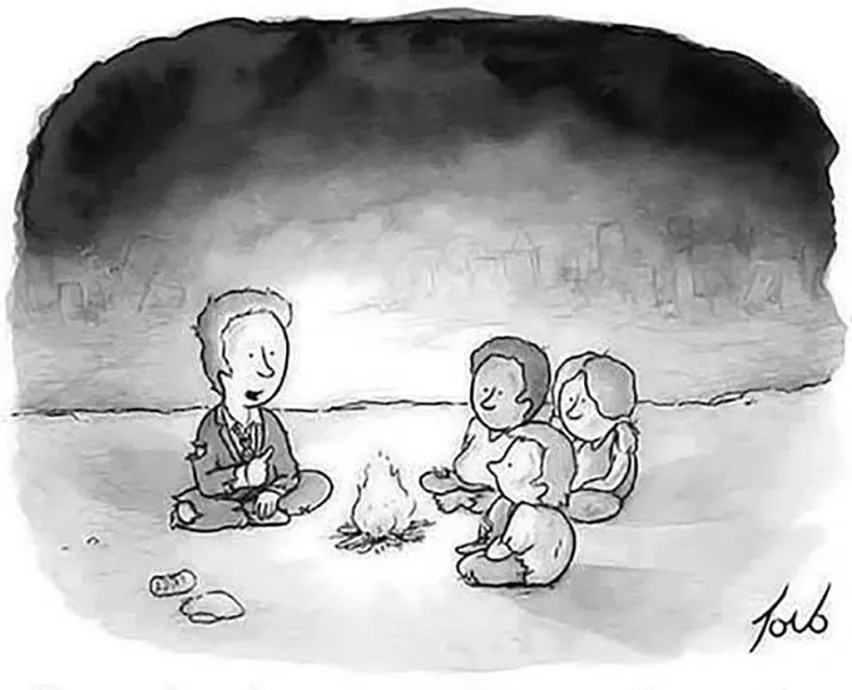 Description: "A man and 3 children sit around a fire in a scorched wasteland."; Caption: "Yes, the planet got destroyed, but for a beautiful moment in time we created a lot of value for shareholders."