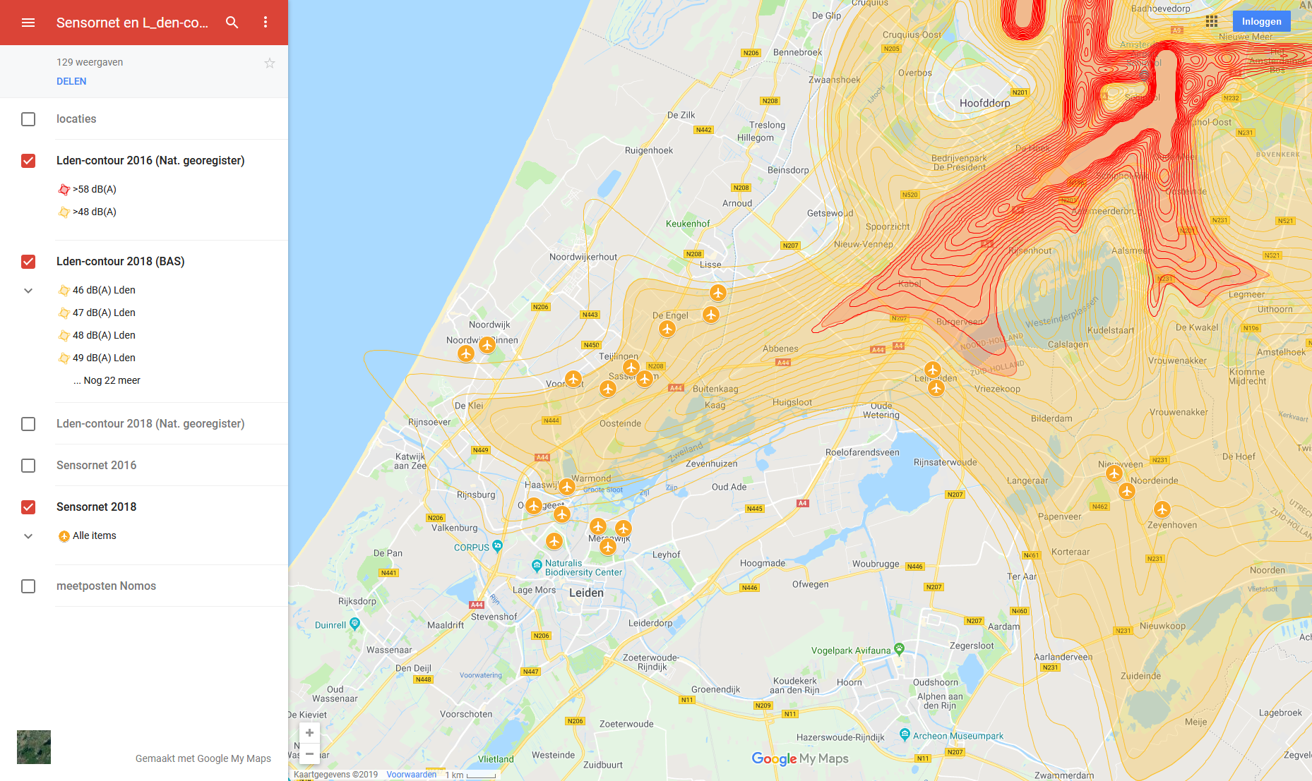 Geluidscontouren Schiphol (zuidwestkwadrant; selectie uit 2016 en 2018)