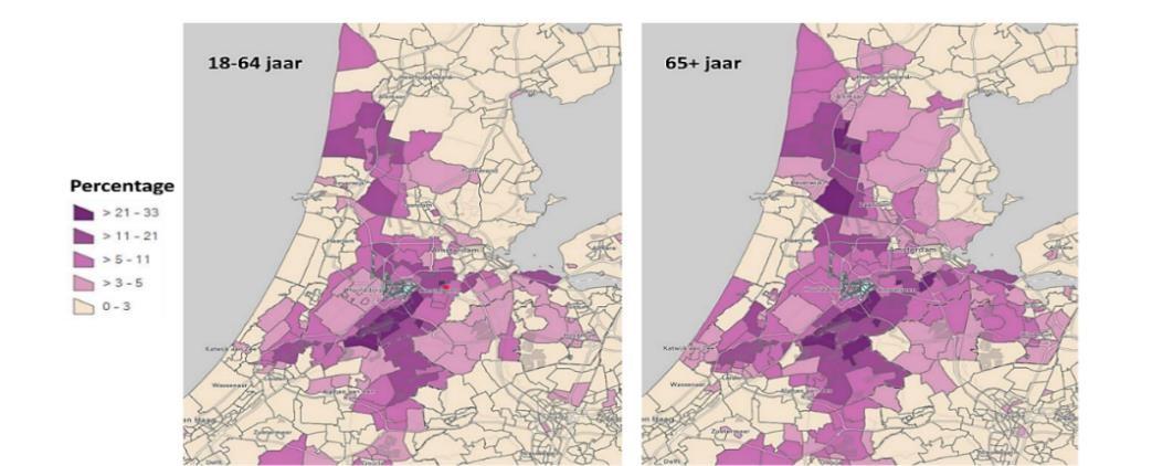 Figuur 1. Percentage inwoners in de omgeving van Amsterdam Airport Schiphol dat ernstige slaapverstoring door<br />vliegverkeer ervaart in 2020. (Bron: Belevingsonderzoek geluidhinder en slaapverstoring luchtvaart 2020, GGD)